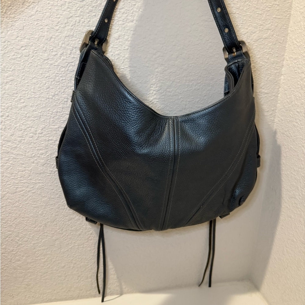 Botkier TRIGGER Mermaid Blue Moto Leather Hobo Shoulder Bag Studded Fringe - Picture 12 of 15